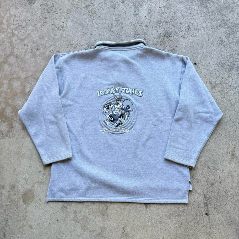 Vintage 90’s Looney Tunes ‘That’s All Folks” Embroidered Pullover Sweater Grey
